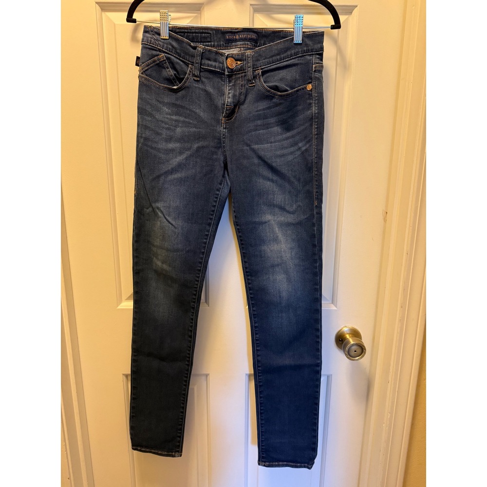 Rock & Republic Womens Skinny Jeans Dark Wash Rhinestone Logo Size 8